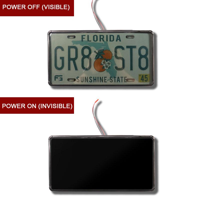 Close-up view of the Stealth Blackout License Plate Cover showing the blackout mechanism and frame design