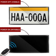 Close-up view of the Stealth Blackout License Plate Cover showing the blackout mechanism and frame design