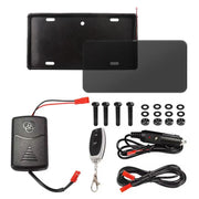 Detailed view of the Stealth Blackout License Plate Cover components including remote control and mounting hardware